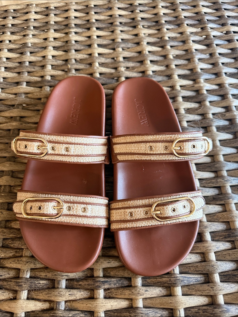 J. Crew Tan Slide Sandals with Cream Straps and Gold Buckles